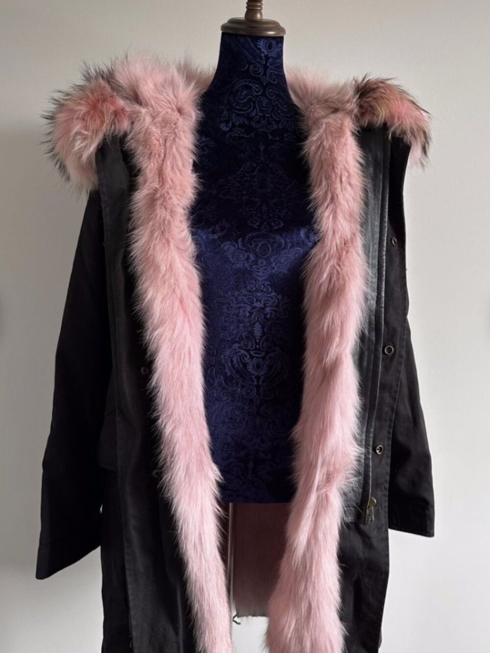 Mr & Mrs Italy Jacket Black Canvas pink Dyed Rabbit Fur Parka Hooded Military L